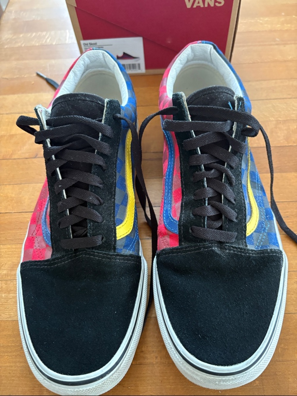 Vans Old Skool Multicolor Checkerboard Sneakers - Black, Blue, Pink, Yellow.